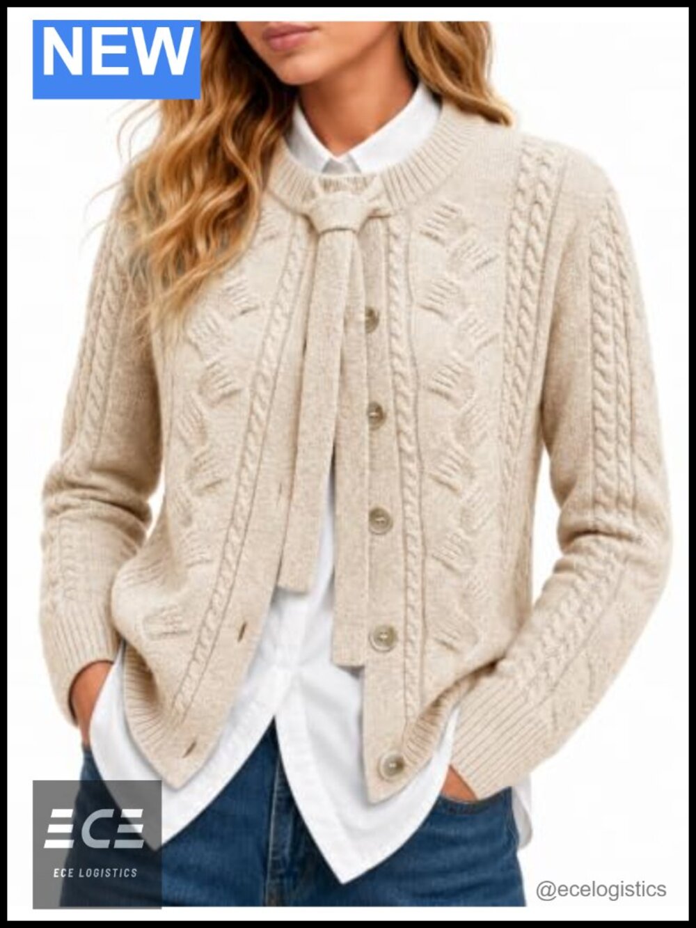 Wool Cardigan Sweater Cable Knit Button Bow Preppy Fitted Long Sleeve